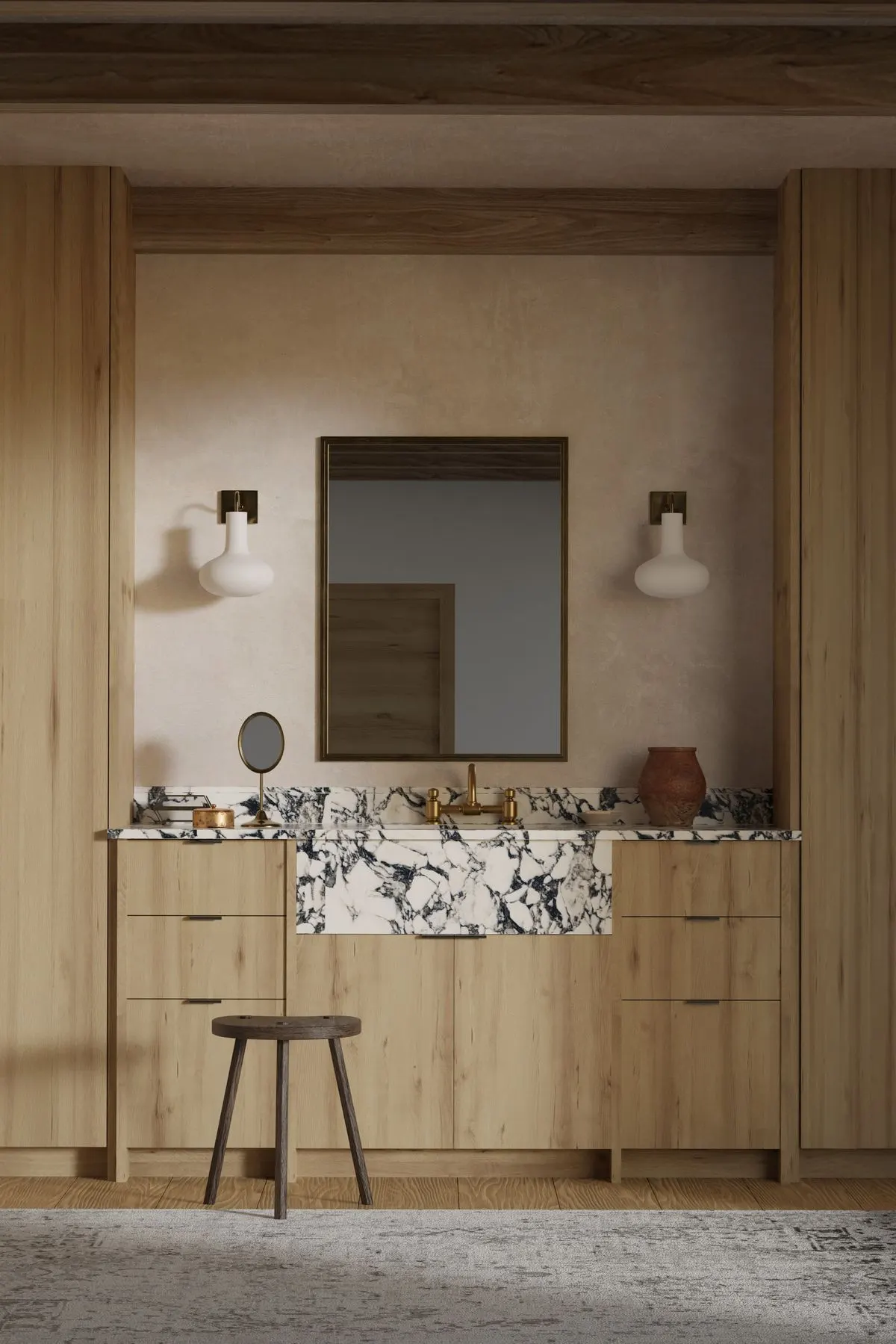 Salle de bains contemporaine en bois et pierre