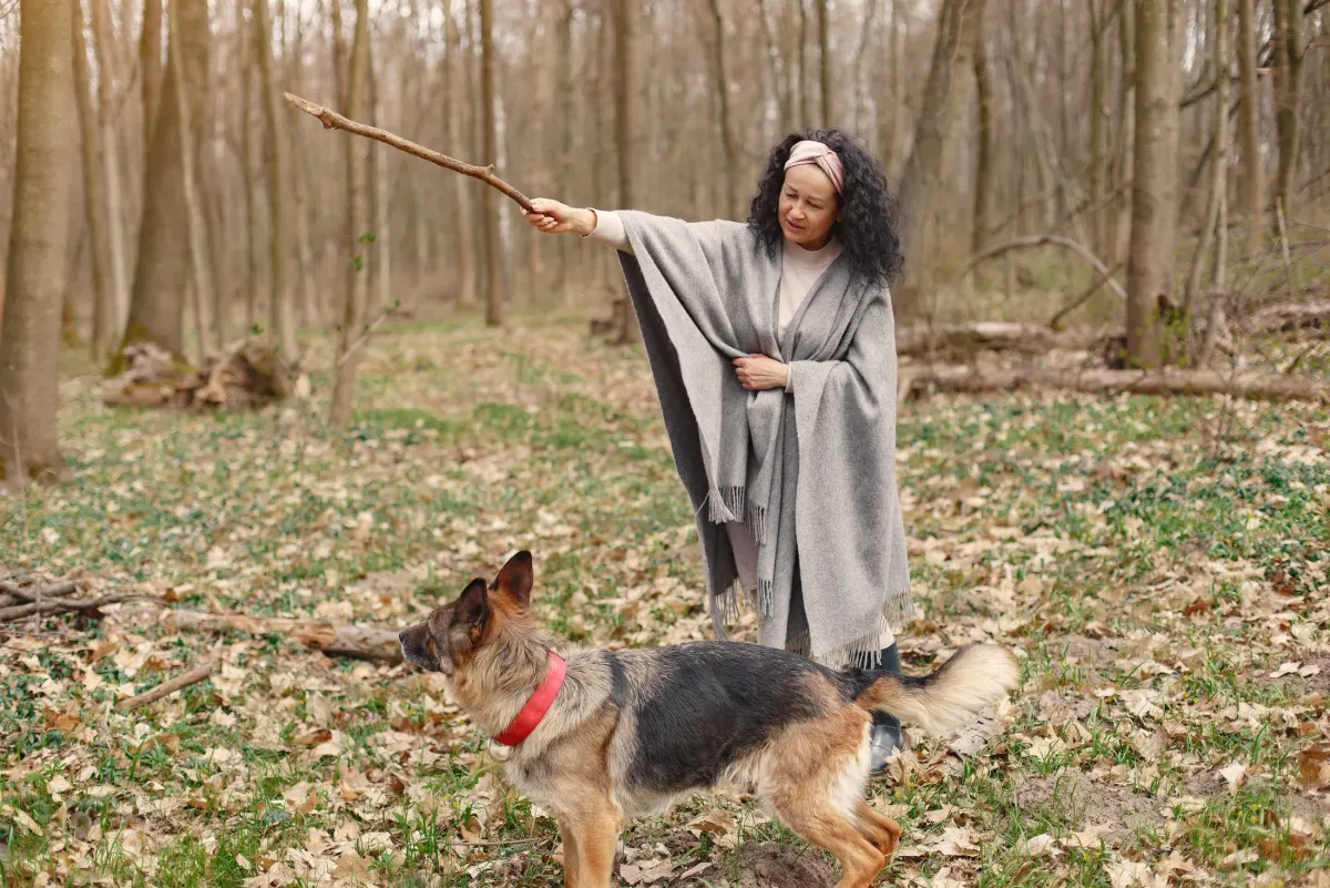 Éducatrice en extérieur qui travaille la marche en laisse avec un chien