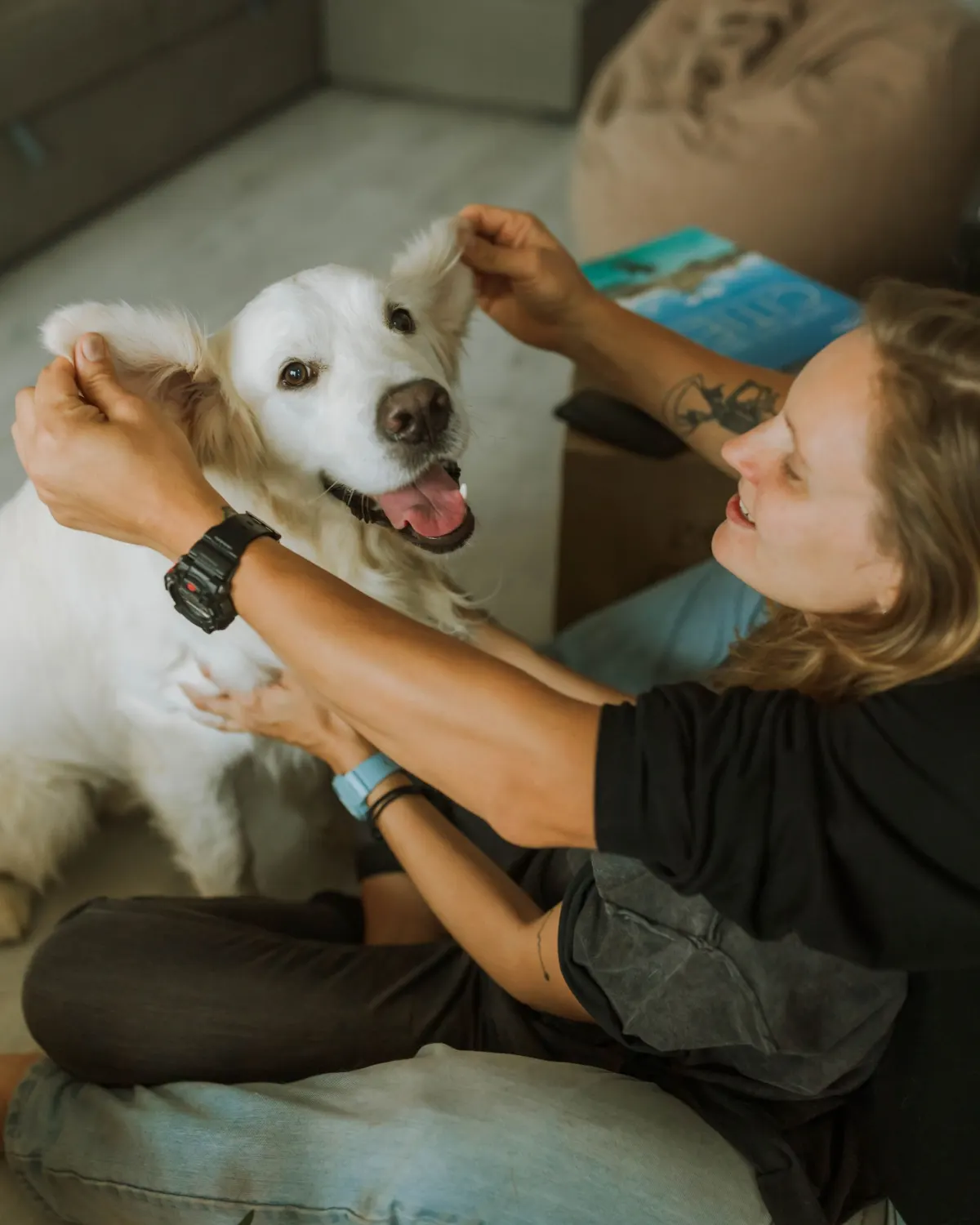 Pet sitter assise avec un chien sur le canapé pendant une garde