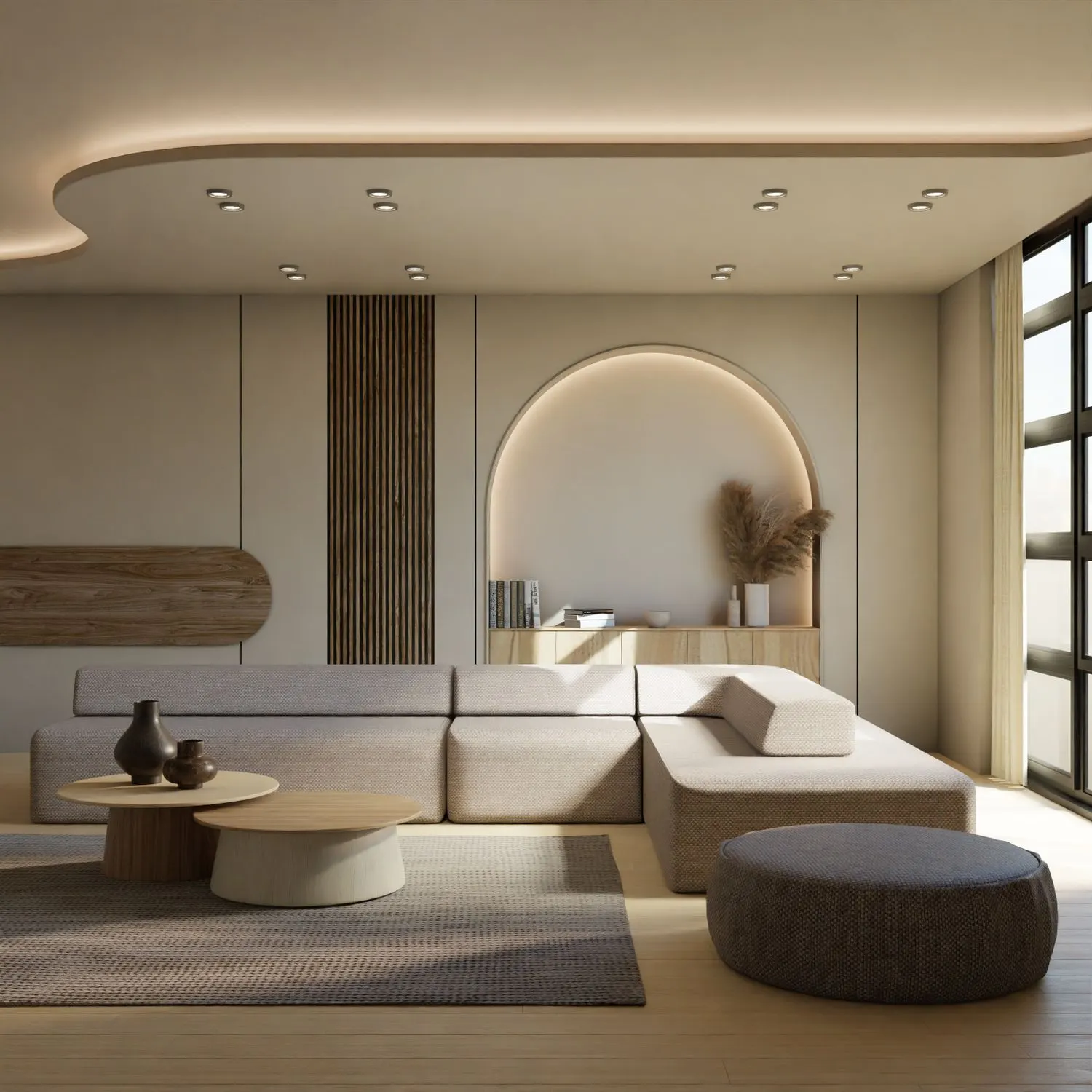 Séjour avec arche maçonnée et assises modulaires