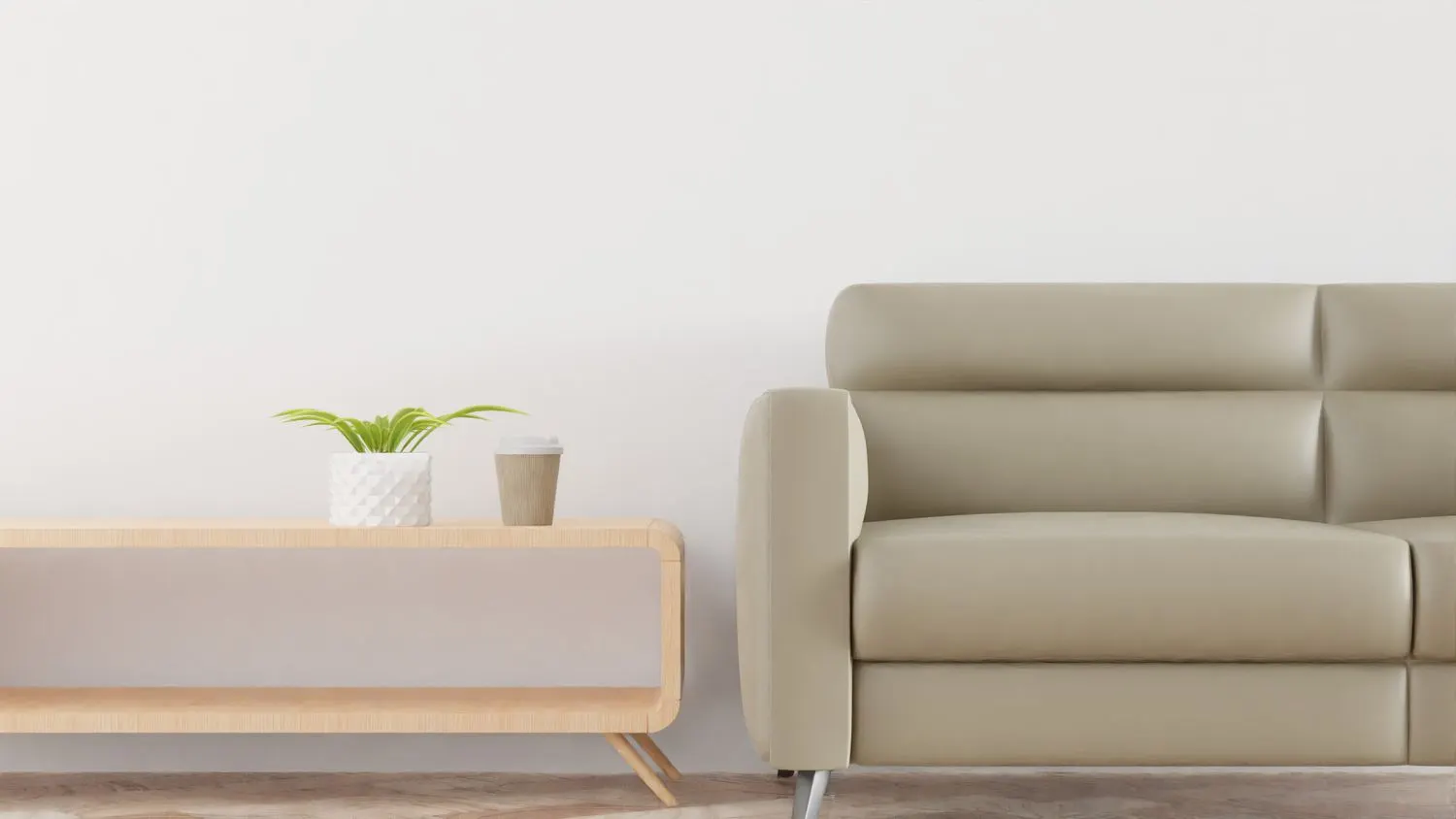 Canapé crème et console en bois clair