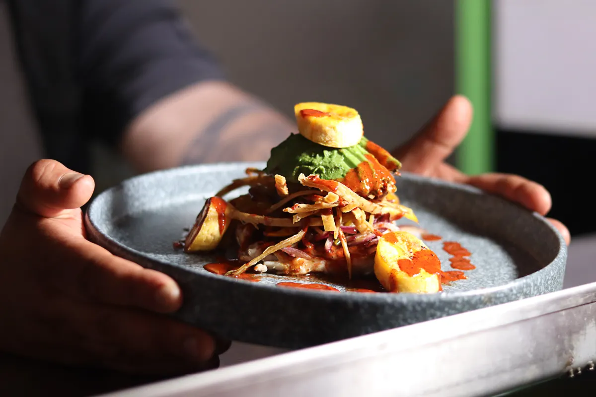 Une assiette colorée tendue par le chef