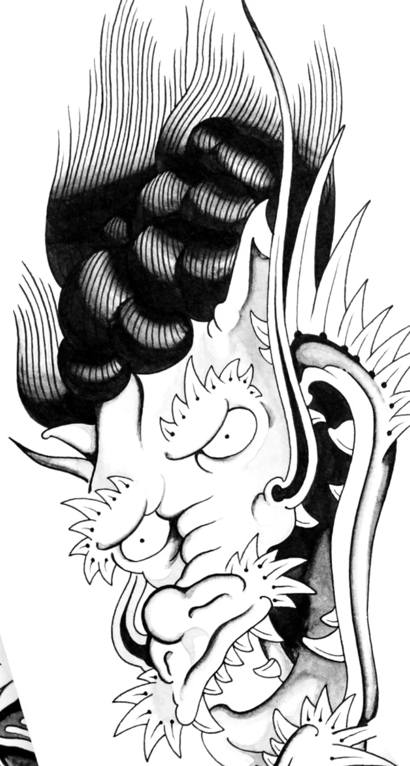 Dessin de flash : tête de dragon japonais, crinière noire, crocs