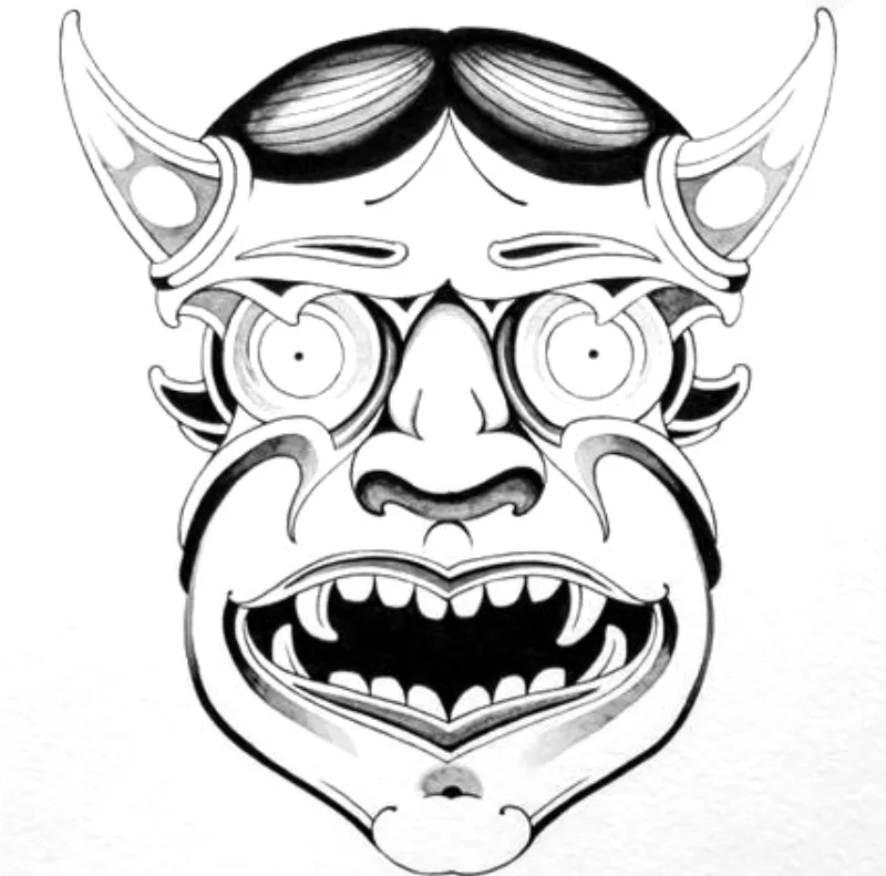 Dessin de flash : masque oni japonais à cornes, bouche grande ouverte